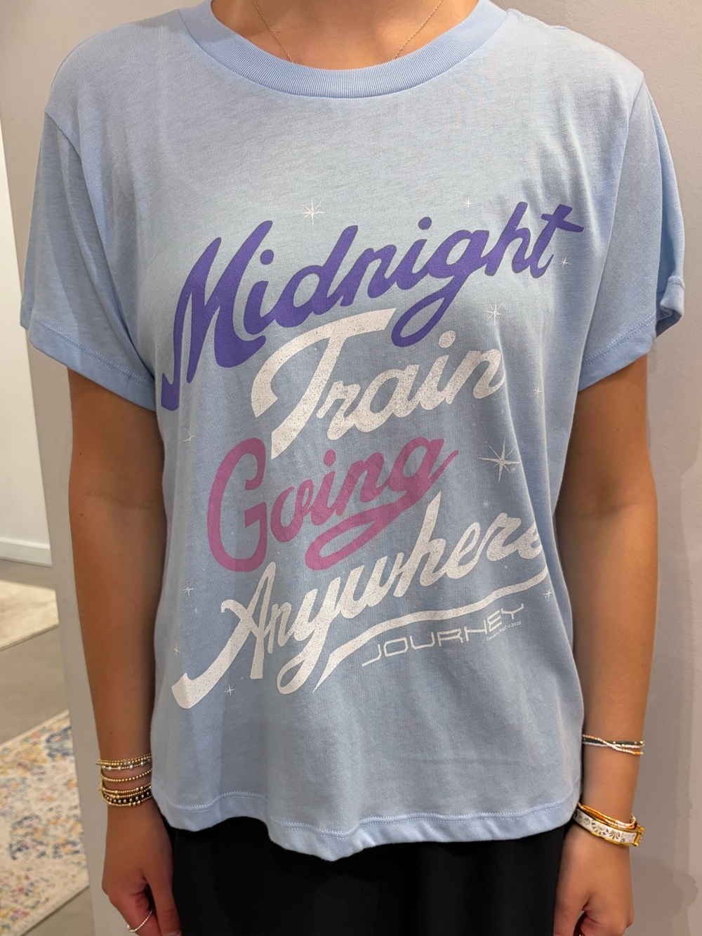 Chaser Light Blue Graphic Script Tee with Purple Accents